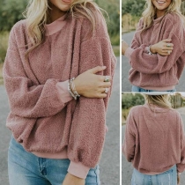 Fashion Solid Color Long Sleeve Round Neck Loose Plush Top