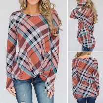 Fashion Long Sleeve Round Neck Irregular Hem Plaid Top 