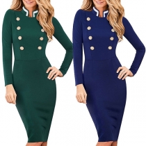 OL Style Long Sleeve Stand Collar Double-breasted Slim Fit Pencil Dress