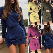 Fashion Solid Color Long Sleeve Mock Neck Wrinkled Hem Dress