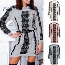 Fashion Lace Spliced Long Sleeve Round Neck Slim Fit Sweater Dress