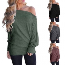 Sexy Off-shoulder Dolman Sleeve Solid Color T-shirt 