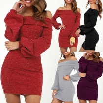 Sexy Off-shoulder Boat Neck Lantern Sleeve Slim Fit Dress