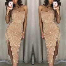 Sexy Strapless Slit Hem High Waist Slim Fit Party Dress