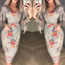 Fashion Long Sleeve V-neck High Waist Slim Fit Printed Dress