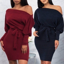 Sexy Off-shoulder Boat Neck Dolman Sleeve Slim Fit Dress