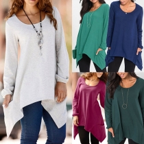 Fashion Solid Color Long Sleeve Round Neck Irregular Hem T-shirt