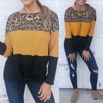 Fashion Contrast Color Long Sleeve Leopard Spliced Knit Top