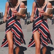 Sexy Backless V-neck Slit Hem Sleeveless Striped Dress