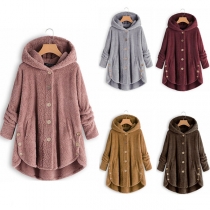 Fashion Solid Color Long Sleeve High-low Hem Hooded Plush Coat 