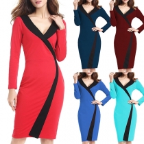 OL Style Long Sleeve V-neck Slim Fit Contrast Color Dress