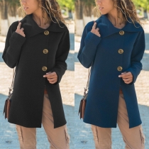 Fashion Solid Color Long Sleeve POLO Collar Woolen Coat