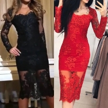 Sexy Long Sleeve Square Collar Slim Fit Lace Dress