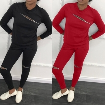 Fashion Solid Color Long Sleeve Round Neck Zipper Sports Suit
