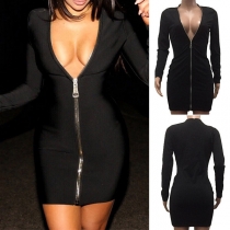 Sexy Deep V-neck Long Sleeve Solid Color Bodycon Dress