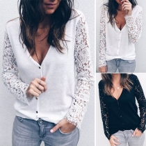 Sexy Deep V-neck Lace Spliced Long Sleeve T-shirt