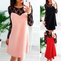 Fashion Lace Spliced Long Sleeve Round Necl Loose Dress