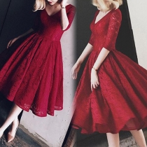 Sexy Backless V-neck Half Sleeve High Waist Red Lace Dress