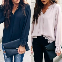 Fashion Solid Color Long Sleeve V-neck Chiffon Blouse