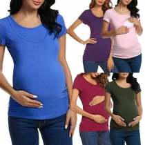 Fashion Solid Color Short Sleeve Round Neck Breastfeeding Maternity T-shirt