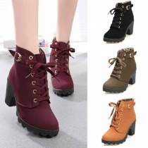 Fashion Thick Heel Round Toe Plush Spliced Lace-up Martin Boots