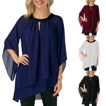 Fashion Contrast Color Round Neck Irregular Hem Chiffon Top