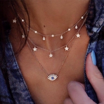 Fashion Rhinestone Inlaid Stars & Eye Pendant Three-layer Necklace