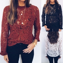 Sexy Long Sleeve Round Neck See-through Lace Top