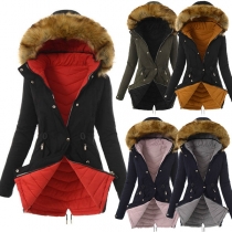 Fashion Solid Color Long Sleeve Faux Fur Spliced Hooded Padded Coat