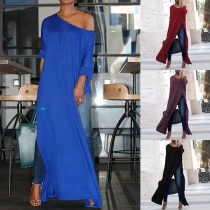 Chic Style Long Sleeve High-slit Hem Solid Color Top