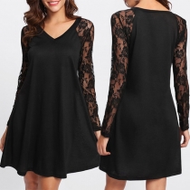 Sexy Lace Spliced Long Sleeve V-neck Solid Color Dress