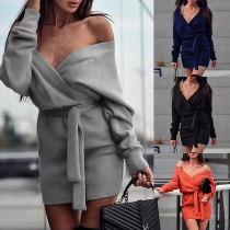 Sexy V-neck Long Sleeve Solid Color Dress with Waist Strap
