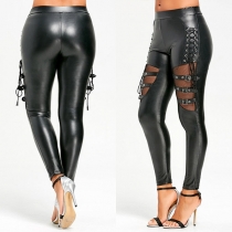 Sexy Hollow Out Gauze Splied Lace-up Slim Fit PU Leather Pants