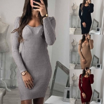 Fashion Solid Color Long Sleeve Round Neck Slim Fit Knit Dress