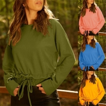 Fashion Solid Color Long Sleeve Round Neck Drawstring Hem Sweatshirt