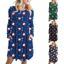 Cute Cartoon Printed Long Sleeve Round Neck Dress
