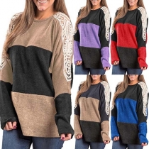 Fashion Contrast Color Long Sleeve Round Neck Lace Spliced T-shirt 