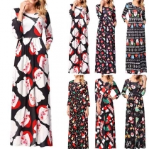 Fashion Colorful Printed Long Sleeve Round Neck Maxi Dress