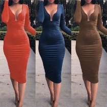 Sexy Deep V-neck Long Sleeve Solid Color Tight Dress