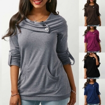 Fashion Solid Color Long Sleeve Oblique V-neck Sweatshirt