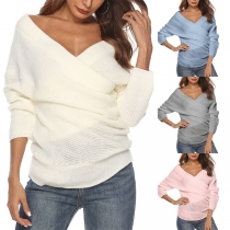 Sexy V-neck Long Sleeve Solid Color Sweater 