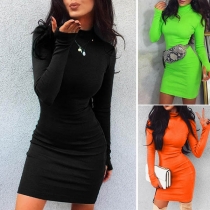 Fashion Solid Color Long Sleeve High Neck Slim Fit Dress(The size runs small)