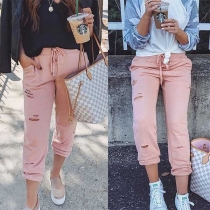 Fashion Solid Color Drawstring Waist Ripped Casual Pants 
