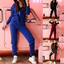 Fashion Solid Color Long Sleeve High Waist Hooded Sports Jumpsuit 