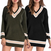 Fashion Contrast Color Long Sleeve V-neck Sweater Dress