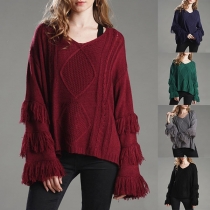 Fashion Tassel Long Sleeve V-neck Solid Color Loose Sweater