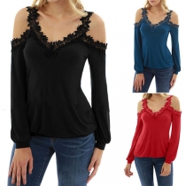 Sexy Off-shoulder Long Sleeve V-neck Lace Spliced T-shirt