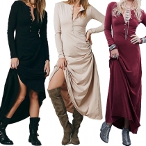 Fashion Solid Color Long Sleeve Round Neck Maxi Dress