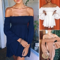 Sexy Off-shoulder Boat Neck Trumpet Sleeve Solid Color Dress