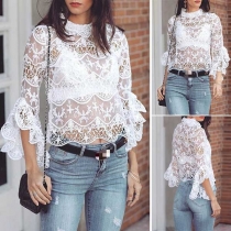Sexy Trumpet Sleeve Round Neck See-through Lace Top